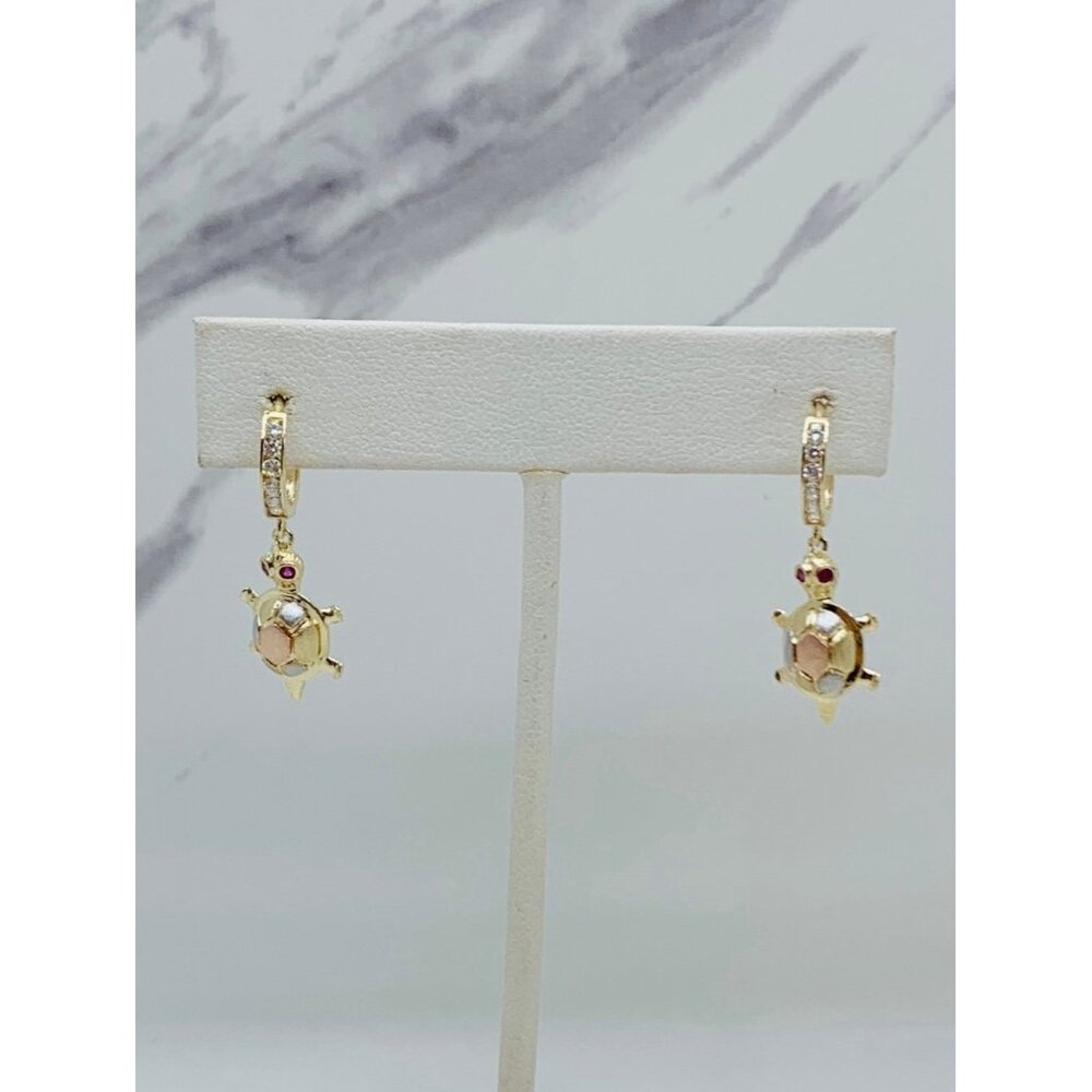 10k Solid Gold Earrings Turtle Hoops Huggies - image 3
